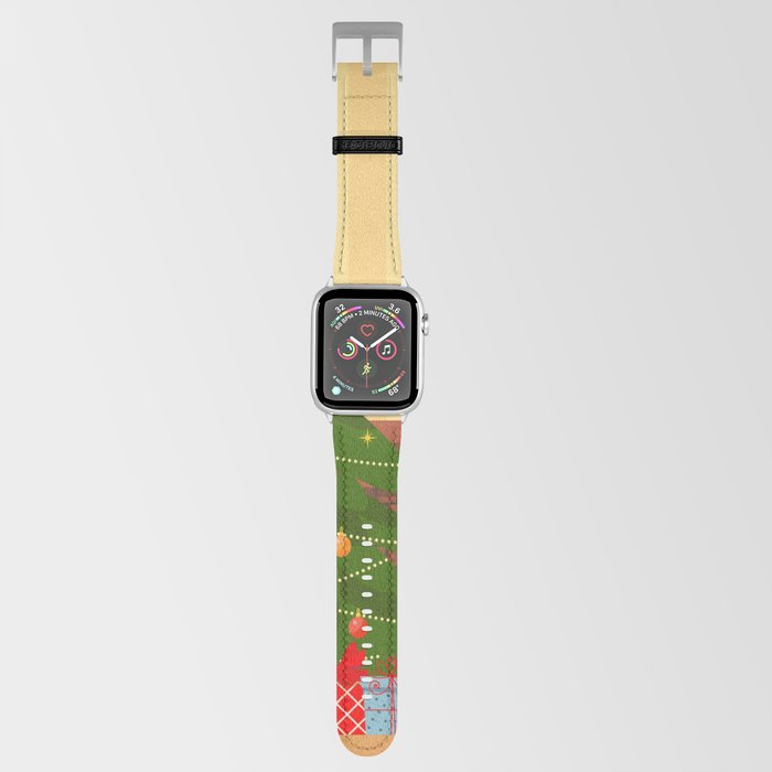 Cozy Living Interior Christmas with Red Sofa, Gifts, and Tree. Vector Flat Style Illustration. Apple Watch Band
