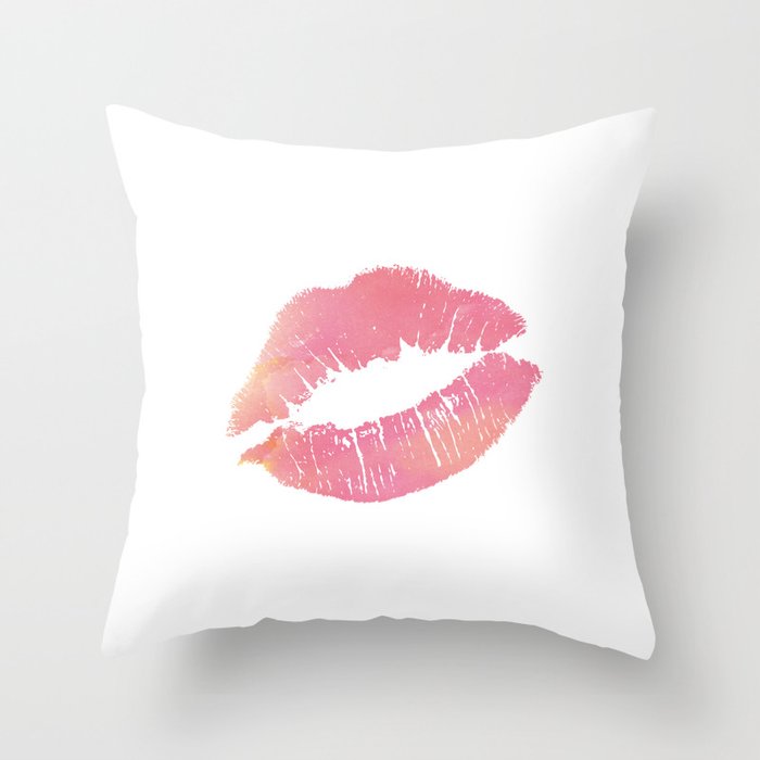 Watercolor Pink Lips Lipstick Chic Romantic Kiss Girls Bedroom Wall Decor fashion poster grl pwr Throw Pillow