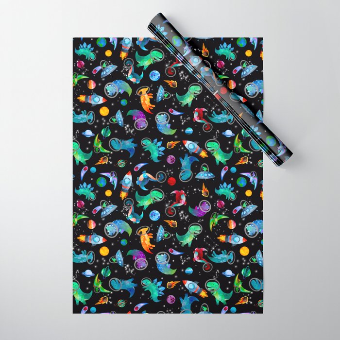 Dinosaur Astronauts In Space Watercolor Pattern Wrapping Paper
