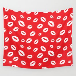 Lipstick kisses on red background. Digital Illustration background Wall Tapestry