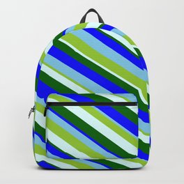 [ Thumbnail: Eye-catching Green, Light Cyan, Dark Green, Blue & Sky Blue Colored Lines/Stripes Pattern Backpack ]