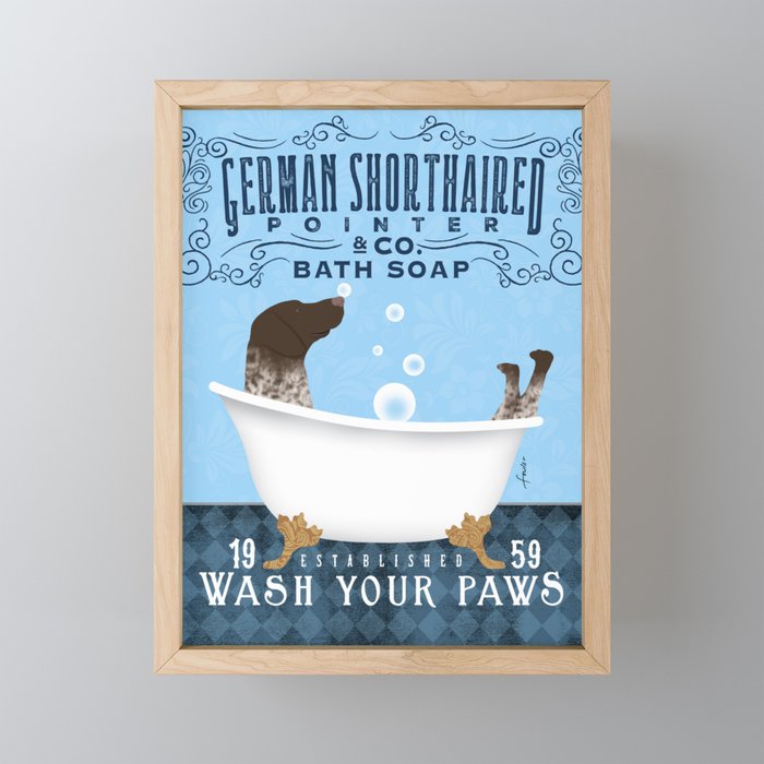 GSP german shorthaired pointer dog art bath bath tub clawfoot wash your paws bubble soap Framed Mini Art Print