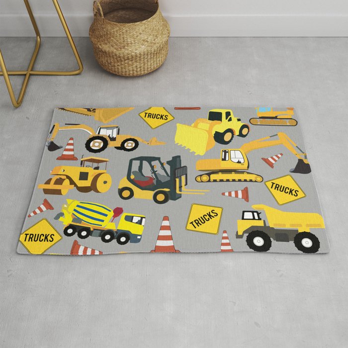 Construction Trucks Pattern Excavator, Dump Truck, Backhoe and more. Rug by iDove Design