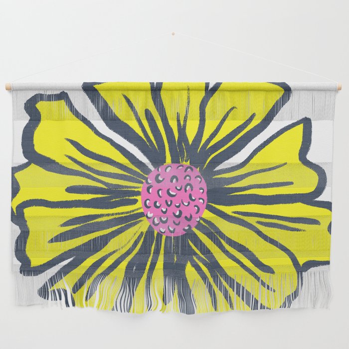 Mid-Century Modern Giant Bright Yellow Daisy Flower On White With Hot Pink Retro Focal Point Art Wall Hanging