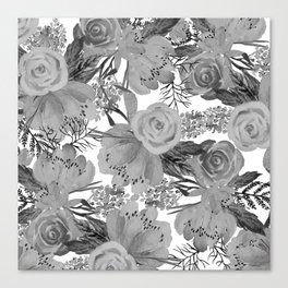 Black White Hand Painted Watercolor Floral Canvas Print