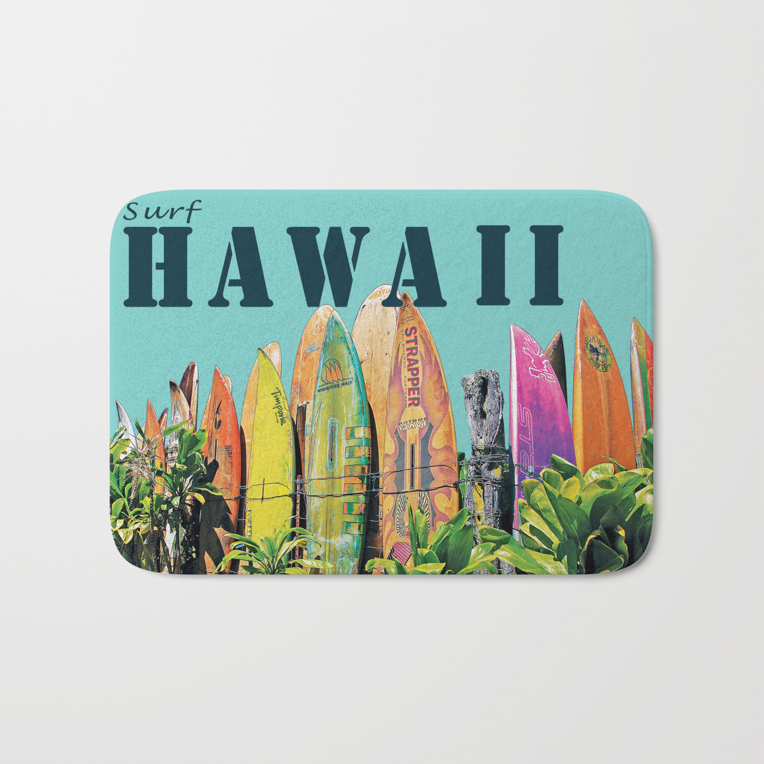 Hawaiian Surfboard Postcard Print Bath Mat By Kokuadesigncompany