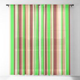 [ Thumbnail: Brown, Bisque, Lime & Maroon Colored Pattern of Stripes Sheer Curtain ]