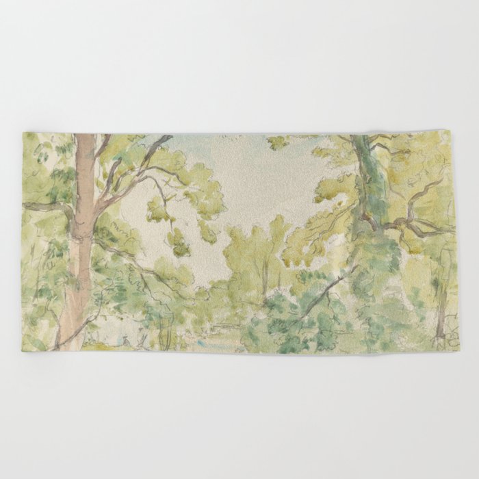 A-wooded-landscape-with-pool-or-river by Philip Wilson Steer Beach Towel