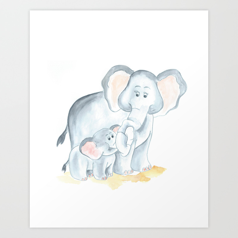 Elephants Watercolor Painting Baby Elephant With Mom Art Print By
