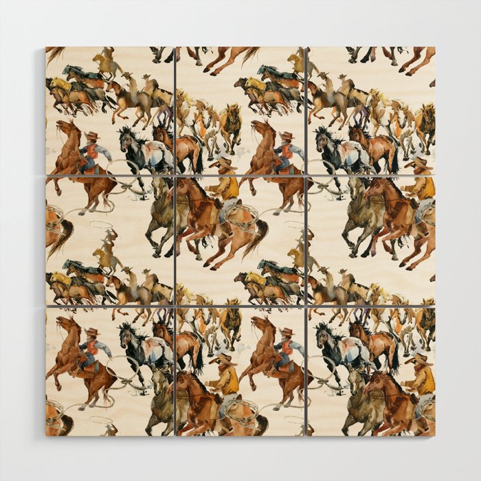 Running horses seamless pattern. American cowboy. Wild west. watercolor tribal texture. Equestrian illustration Wood Wall Art