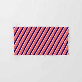 [ Thumbnail: Light Pink, Red, and Dark Blue Colored Lines Pattern Hand & Bath Towel ]