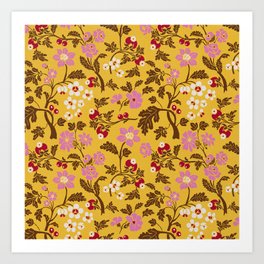 Chinoiserie Hand Drawn Florals On Yellow Art Print