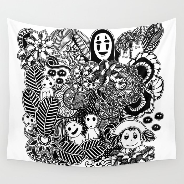 Ghibli  inspired black and white doodle art Wall Tapestry