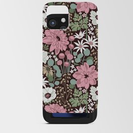 Boho garden // expresso brown background sage green cotton candy pink dry rose ivory and white flowers  iPhone Card Case