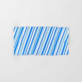 [ Thumbnail: Blue, Light Blue & Lavender Colored Lined/Striped Pattern Hand & Bath Towel ]