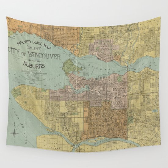 Vintage Map of Vancouver Canada (1920) Wall Tapestry by BravuraMedia