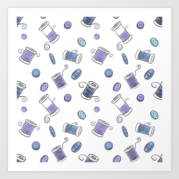 Sewing Blue Cotton Reels and Buttons Art Print