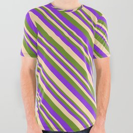 [ Thumbnail: Purple, Tan, and Green Colored Lines Pattern All Over Graphic Tee ]