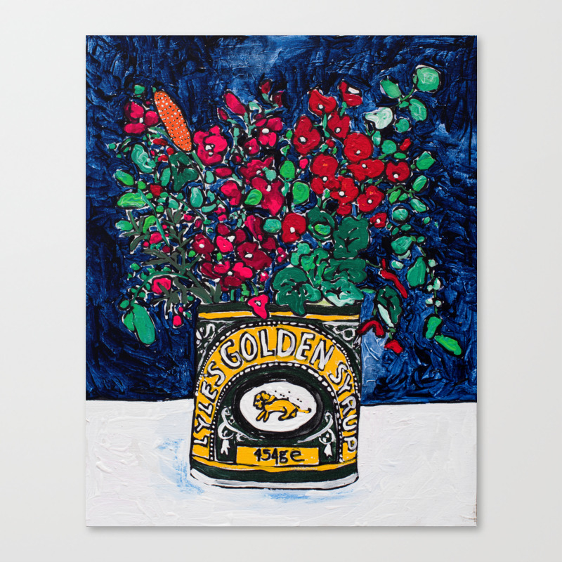 Wild Flowers in Golden Syrup Tin on Blue Canvas Print