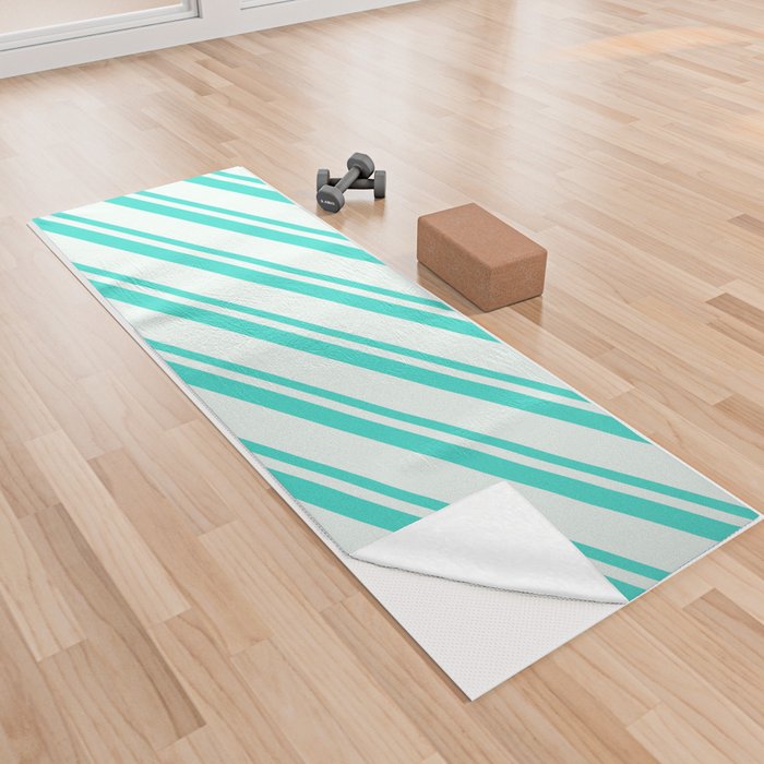 Mint Cream and Turquoise Colored Lines Pattern Yoga Towel