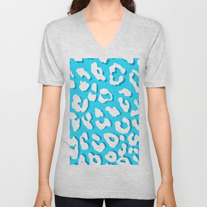 White Leopard Print Light Blue V Neck T Shirt