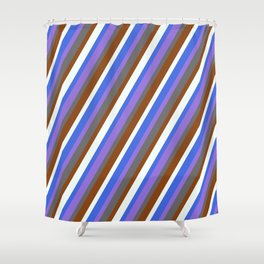[ Thumbnail: Eye-catching Dim Grey, Brown, Mint Cream, Royal Blue, and Purple Colored Lines/Stripes Pattern Shower Curtain ]
