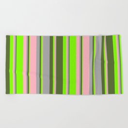 [ Thumbnail: Light Pink, Dark Grey, Dark Olive Green, and Chartreuse Colored Lines/Stripes Pattern Beach Towel ]