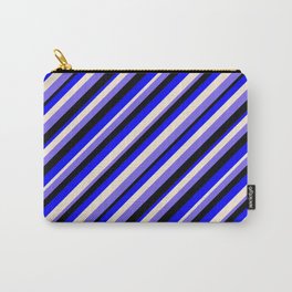 [ Thumbnail: Blue, Beige, Medium Slate Blue & Black Colored Stripes Pattern Carry-All Pouch ]