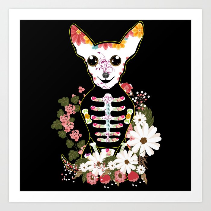 Chihuahua Dog Muertos Day Of Dead Sugar Skull Art Print