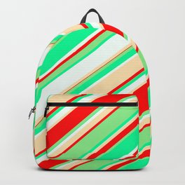 [ Thumbnail: Colorful Red, Light Green, Green, Mint Cream, and Beige Colored Striped Pattern Backpack ]