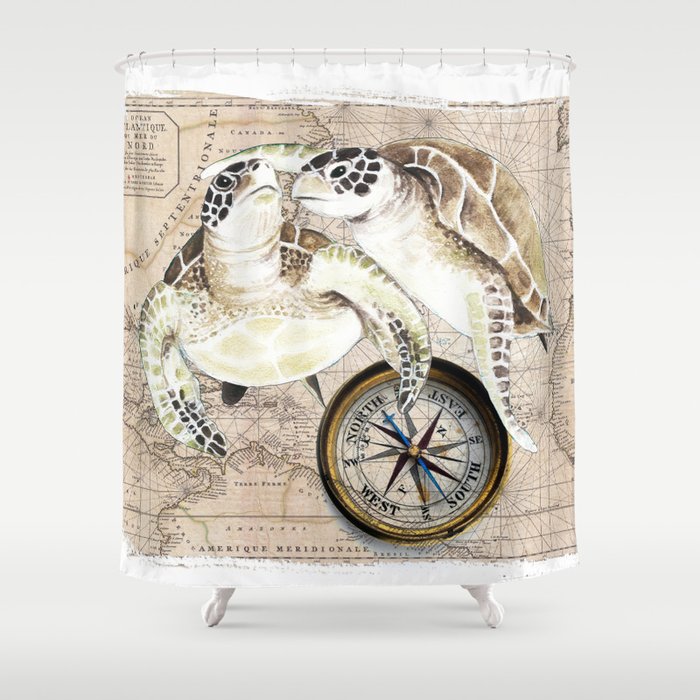 Sea Turtles Compass Map Shower Curtain