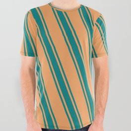 [ Thumbnail: Brown & Teal Colored Stripes Pattern All Over Graphic Tee ]