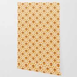 Orange and white checkered flowers and smiley faces pattern  Wallpaper | Checkered Squares, Yasmine Patterns, Funny, Checkered, Flower Pattern, Dorm Room, Floral, Cheerful, Chessboard, Checkerboard 