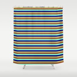 [ Thumbnail: Sienna, Aquamarine, Blue & Dark Khaki Colored Pattern of Stripes Shower Curtain ]