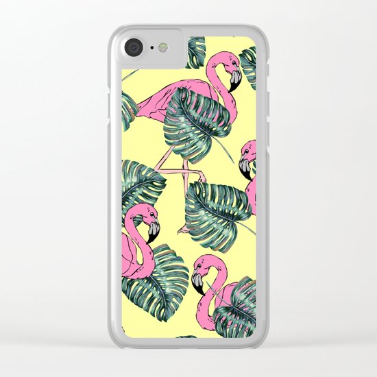tropical leaves with flamingo Clear iPhone Case