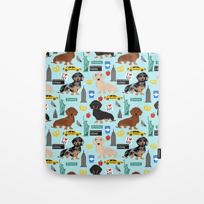 Dachshund dog breed NYC new york city pet pattern doxie coats dapple merle red black and tan Tote Bag