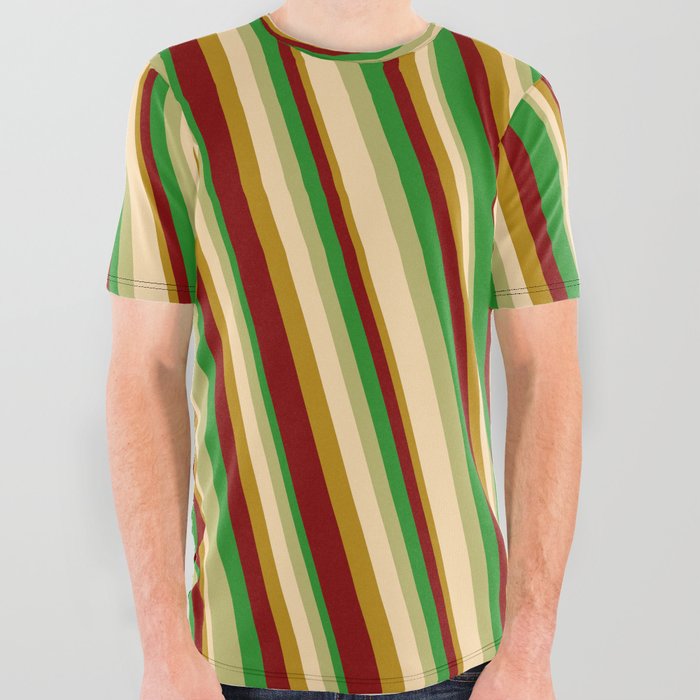 Eye-catching Forest Green, Dark Khaki, Tan, Dark Goldenrod & Maroon Colored Stripes Pattern All Over Graphic Tee