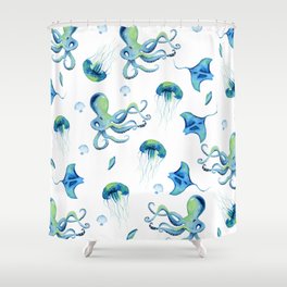 Watercolor Ocean Collage Shower Curtain