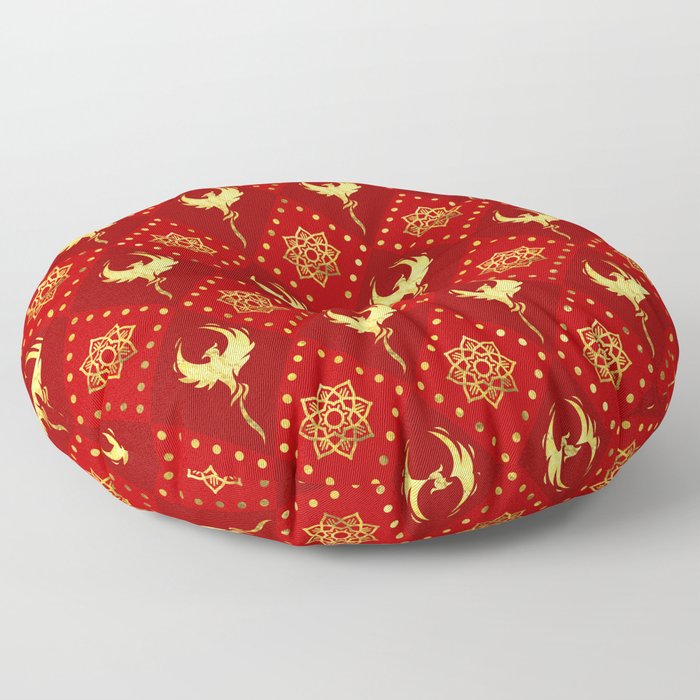 Gold Phoenix and lotus symbol pattern on red Floor Pillow