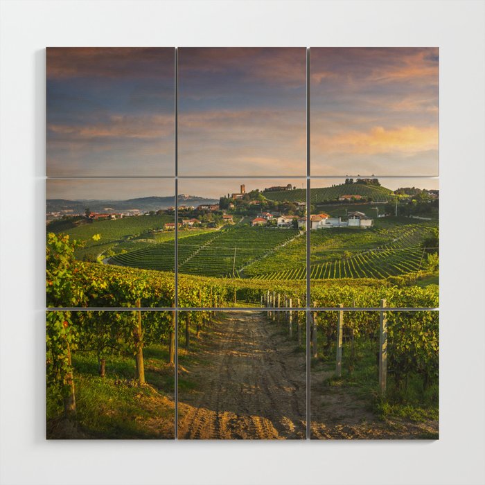 Barbaresco and Vineyards after Sunrise. Langhe, Italy Wood Wall Art