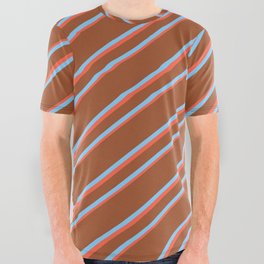 [ Thumbnail: Sienna, Light Sky Blue, and Red Colored Lined Pattern All Over Graphic Tee ]