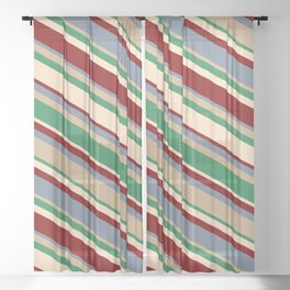 [ Thumbnail: Vibrant Light Slate Gray, Tan, Sea Green, Bisque, and Maroon Colored Lines Pattern Sheer Curtain ]