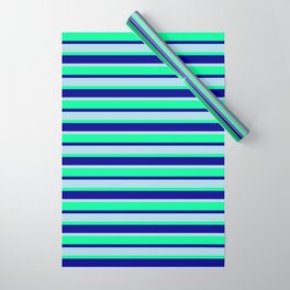 [ Thumbnail: Light Blue, Green & Dark Blue Colored Lines/Stripes Pattern Wrapping Paper ]