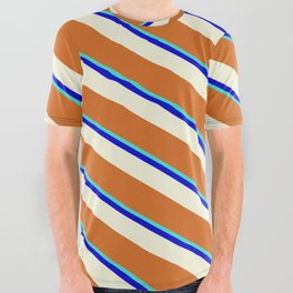 [ Thumbnail: Turquoise, Blue, Beige, and Chocolate Colored Lined/Striped Pattern All Over Graphic Tee ]