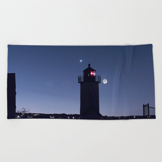 Moon Venus and the Annisquam Lighthouse Beach Towel