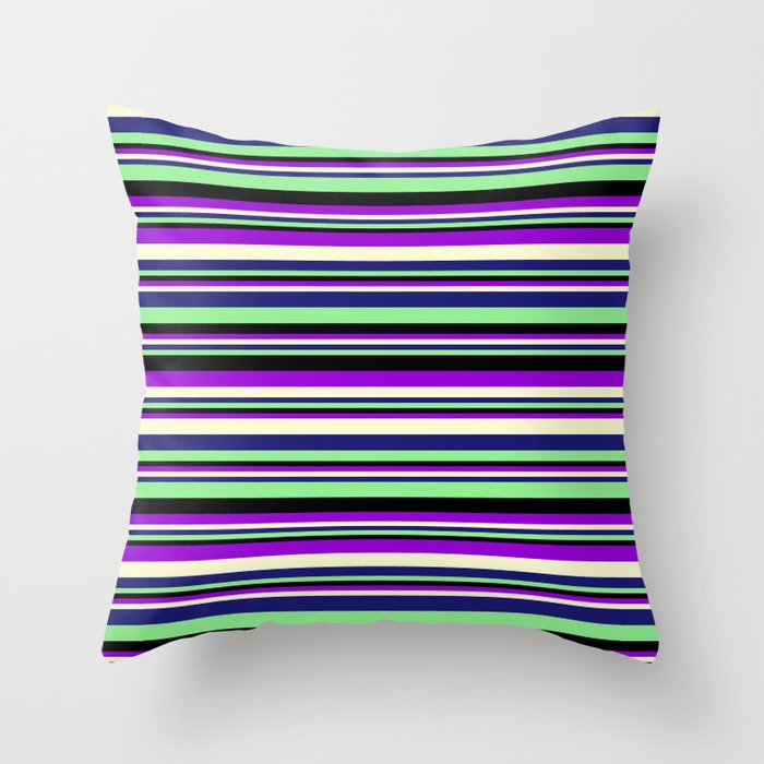 Dark Violet, Light Yellow, Midnight Blue, Light Green, and Black Colored Lined/Striped Pattern Throw Pillow