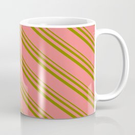 [ Thumbnail: Light Coral & Green Colored Pattern of Stripes Coffee Mug ]