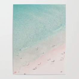 Aerial Beach Ocean Print - Beach People - Pink Sand - Pastel Sea - Minimal - Travel photography Poster