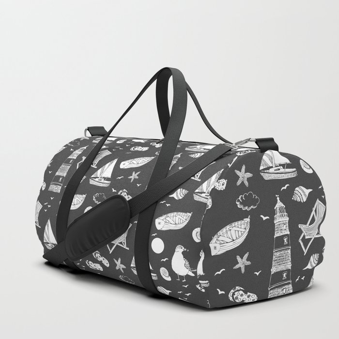 Dark Grey And White Summer Beach Elements Pattern Duffle Bag