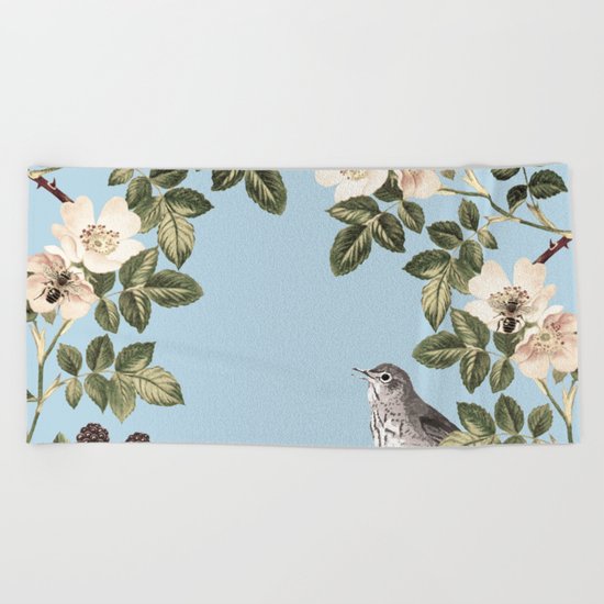 Birds and the Bees Blue Beach Towel